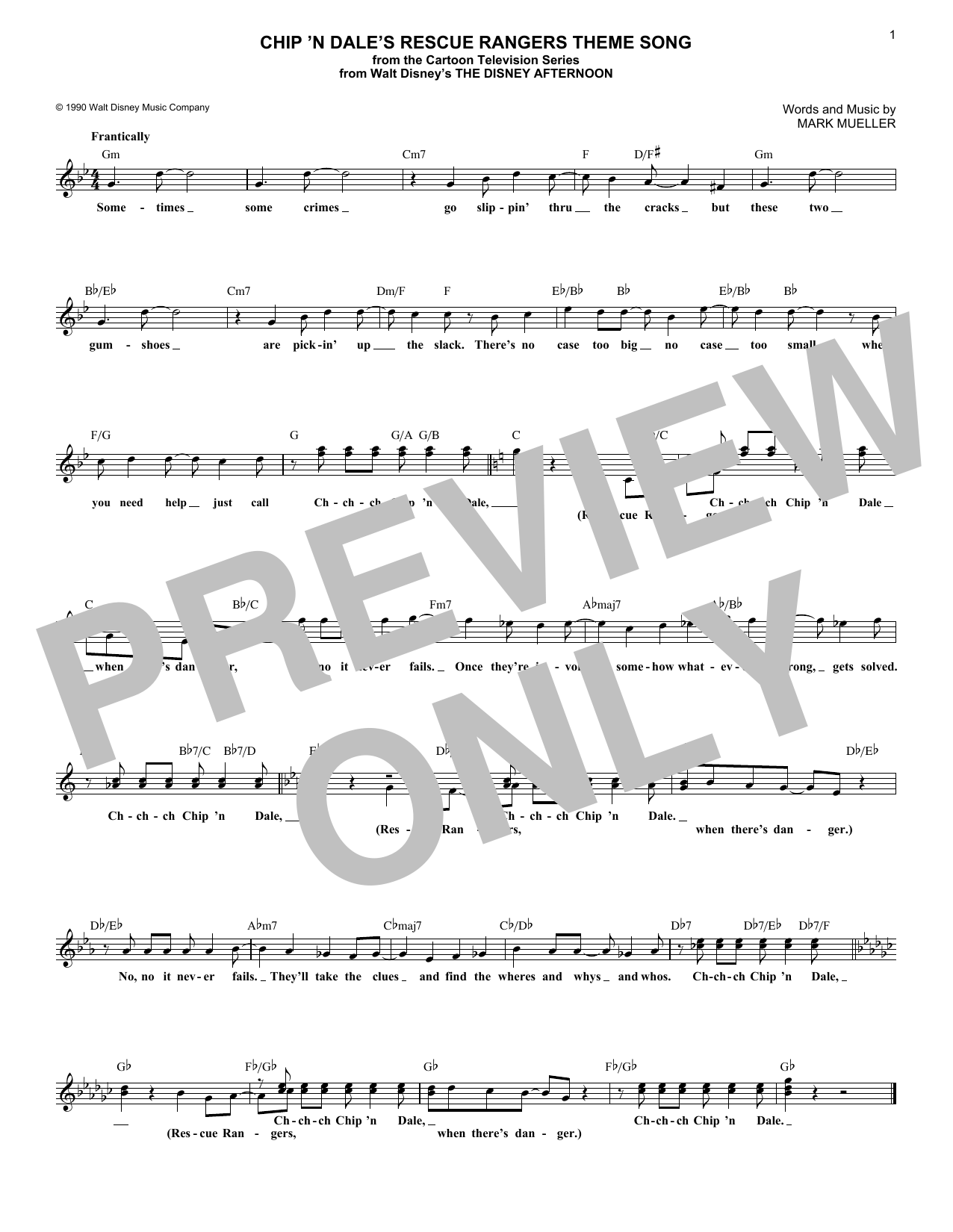 Mark Mueller Chip 'N Dale's Rescue Rangers Theme Song Sheet Music Notes & Chords for Melody Line, Lyrics & Chords - Download or Print PDF
