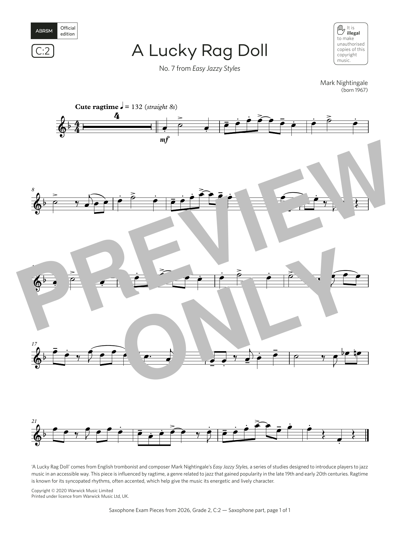 Mark Nightingale A Lucky Rag Doll (Grade 2, list C2, from the ABRSM Saxophone Syllabus from 2026) Sheet Music Notes & Chords for Alto Sax Solo - Download or Print PDF Mark Nightingale A Lucky Rag Doll (Grade 2, list C2, from the ABRSM Saxophone Syllabus from 2026) Sheet Music Notes & Chords for Alto Sax Solo - Download or Print PDF