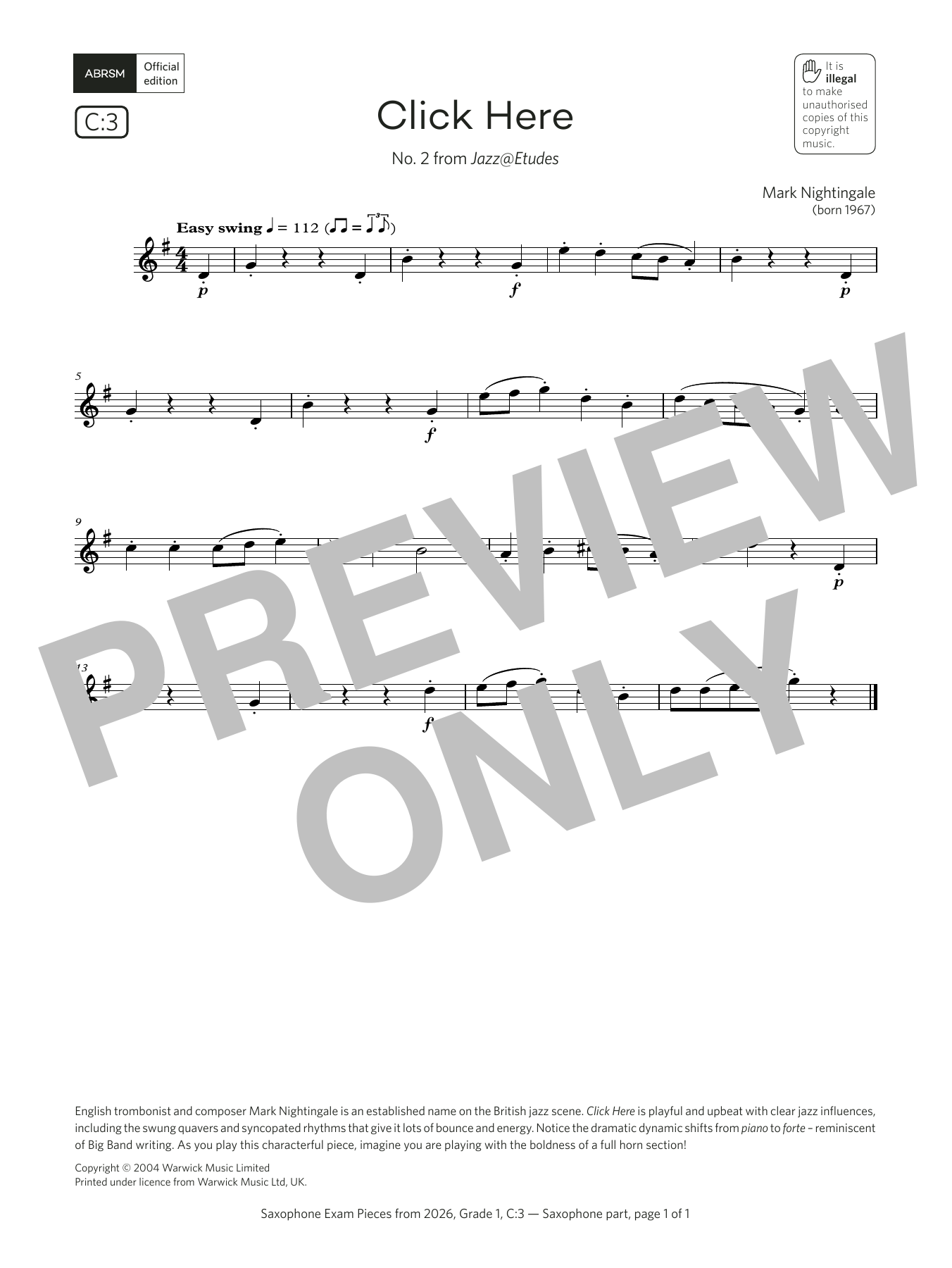 Mark Nightingale Click Here (Grade 1, list C3, from the ABRSM Saxophone Syllabus from 2026) Sheet Music Notes & Chords for Alto Sax Solo - Download or Print PDF Mark Nightingale Click Here (Grade 1, list C3, from the ABRSM Saxophone Syllabus from 2026) Sheet Music Notes & Chords for Alto Sax Solo - Download or Print PDF