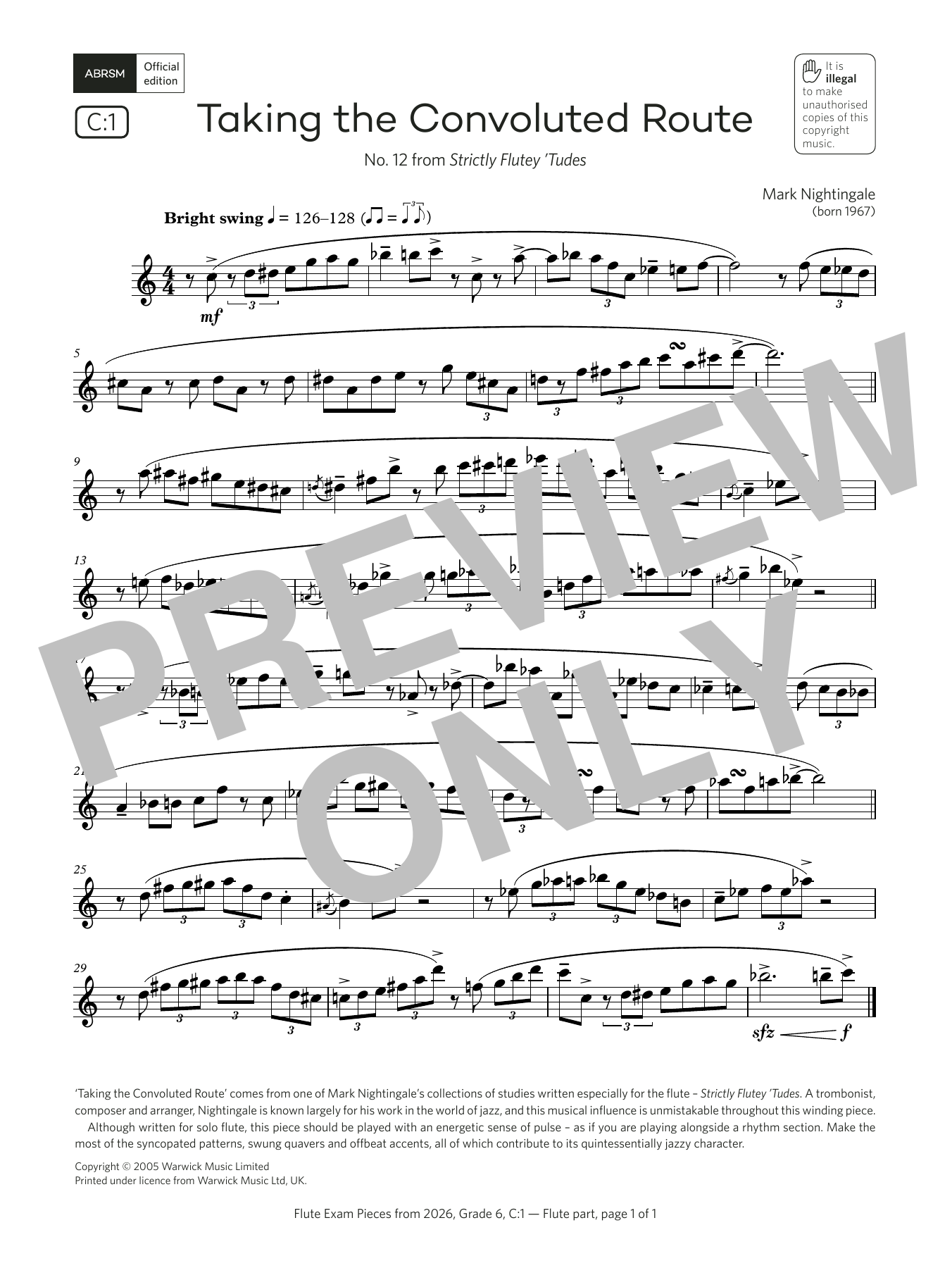 Mark Nightingale Taking the Convoluted Route (Grade 6, list C1, from the ABRSM Flute Syllabus from 2026) Sheet Music Notes & Chords for Flute Solo - Download or Print PDF Mark Nightingale Taking the Convoluted Route (Grade 6, list C1, from the ABRSM Flute Syllabus from 2026) Sheet Music Notes & Chords for Flute Solo - Download or Print PDF