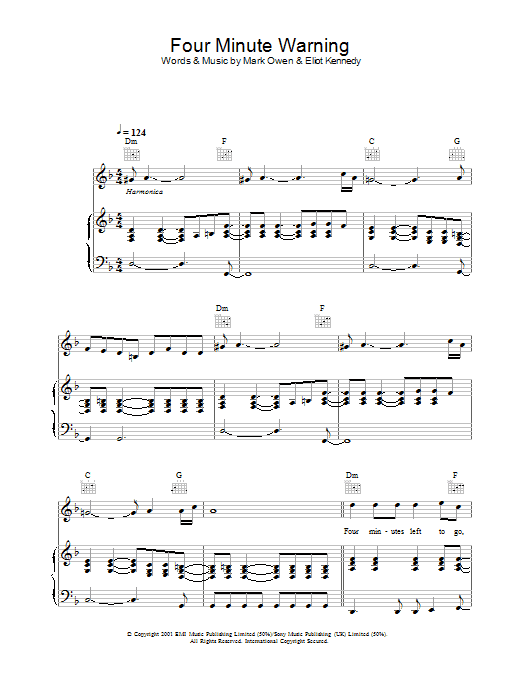 Mark Owen Four Minute Warning Sheet Music Notes & Chords for Piano, Vocal & Guitar - Download or Print PDF