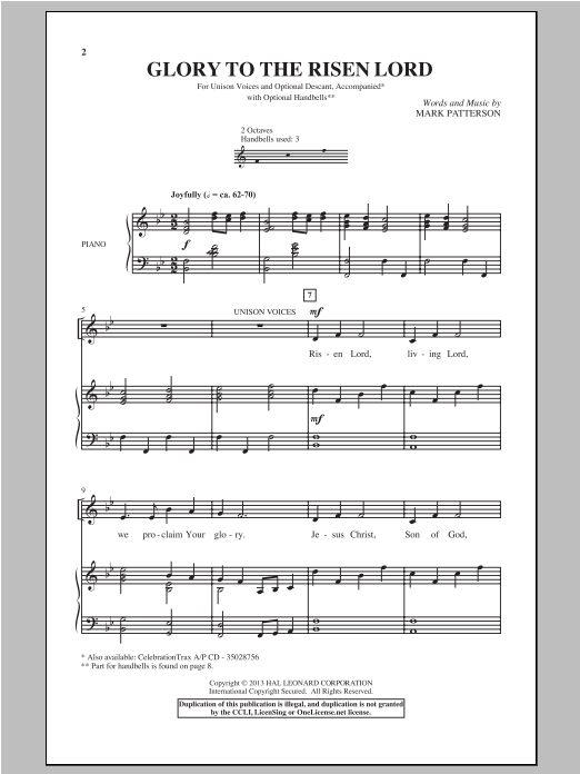 Mark Patterson Glory To the Risen Lord Sheet Music Notes & Chords for Unison Choral - Download or Print PDF