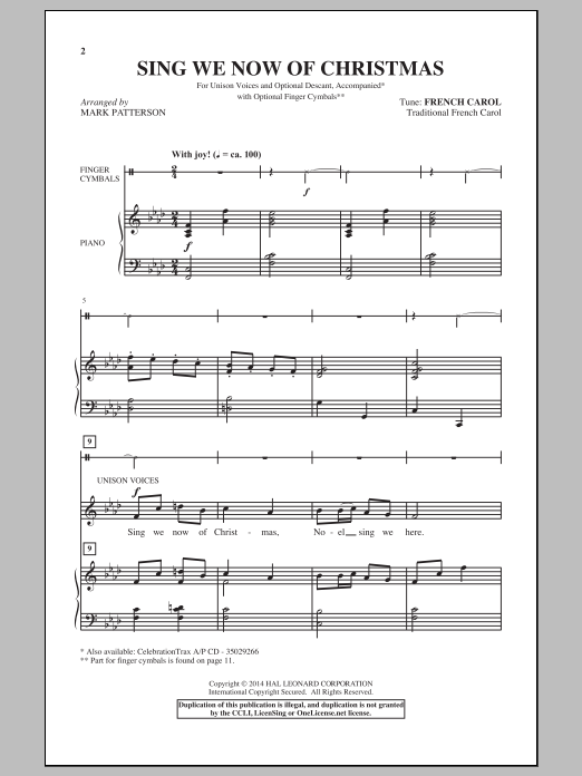 Mark Patterson Sing We Now Of Christmas Sheet Music Notes & Chords for Unison Choral - Download or Print PDF
