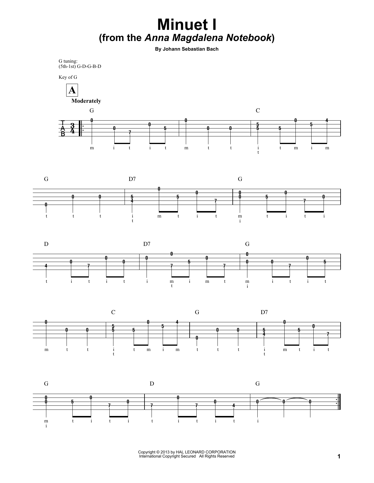 Mark Phillips Minuet I (Anna Magdalena) Sheet Music Notes & Chords for Banjo - Download or Print PDF