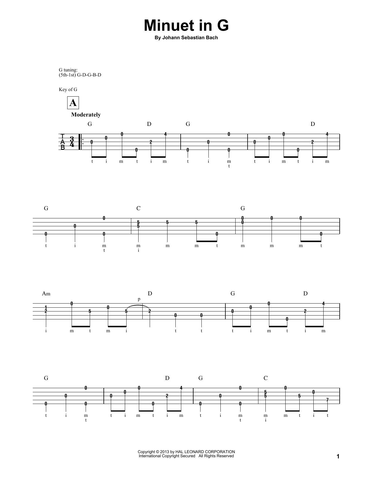 Mark Phillips Minuet In G Sheet Music Notes & Chords for Banjo - Download or Print PDF