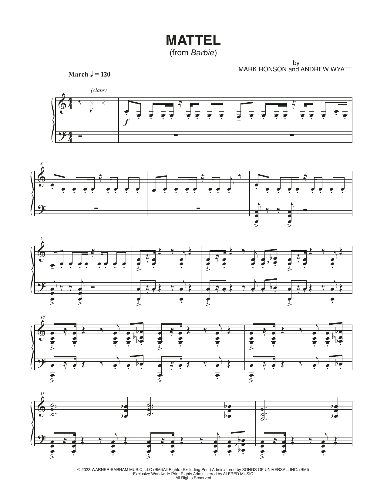Mark Ronson and Andrew Wyatt Mattel (from Barbie) Sheet Music Notes & Chords for Piano Solo - Download or Print PDF