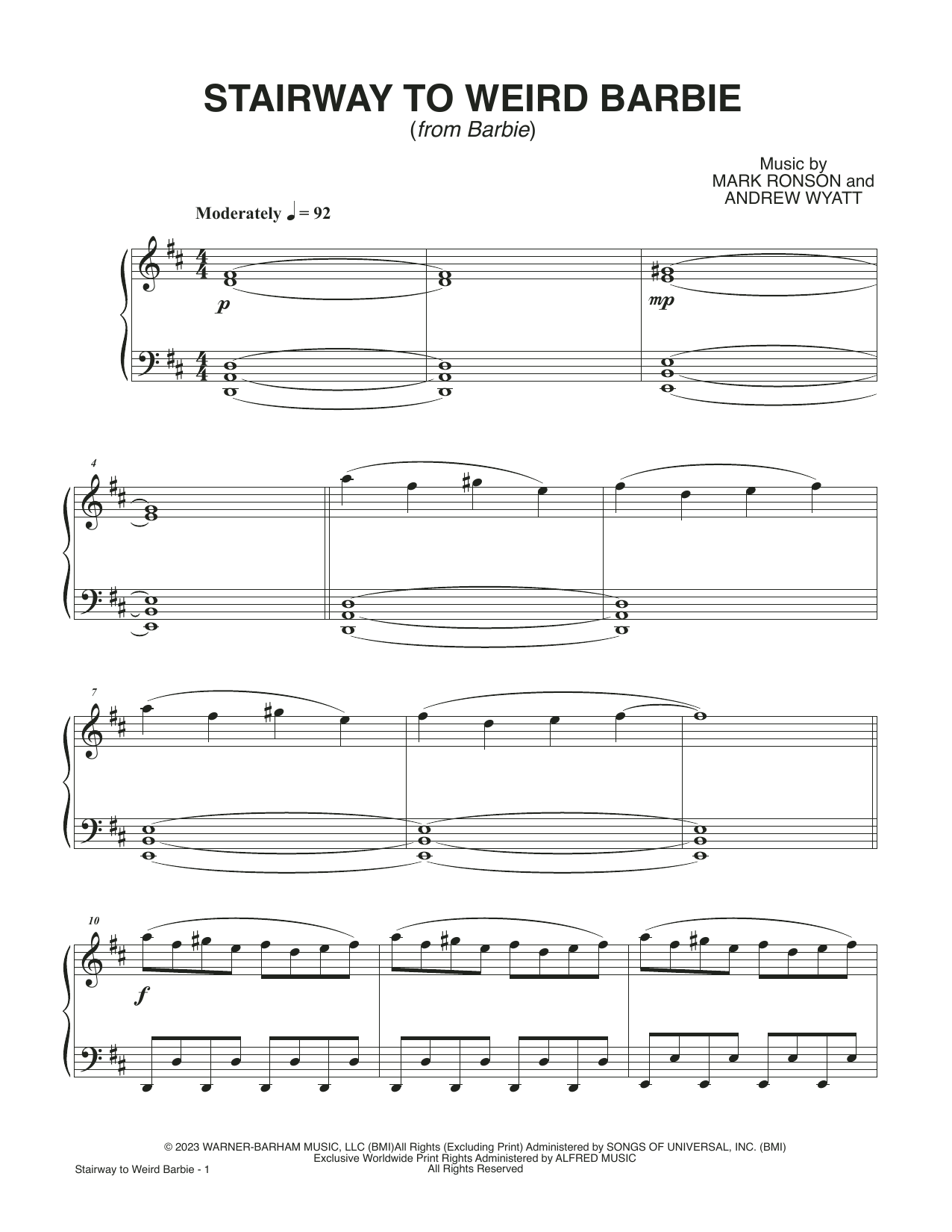 Mark Ronson and Andrew Wyatt Stairway To Weird Barbie (from Barbie) Sheet Music Notes & Chords for Piano Solo - Download or Print PDF