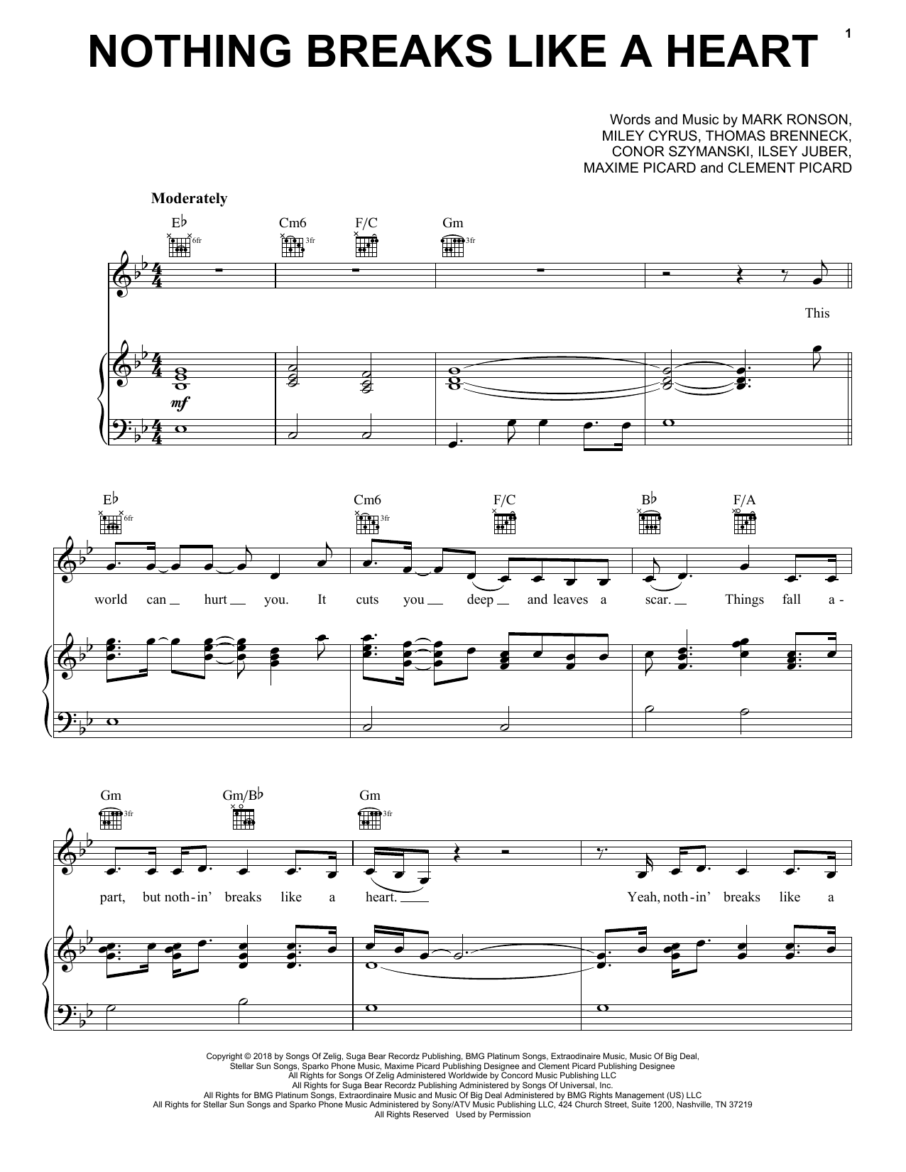Mark Ronson Nothing Breaks Like A Heart (feat. Miley Cyrus) Sheet Music Notes & Chords for Easy Piano - Download or Print PDF