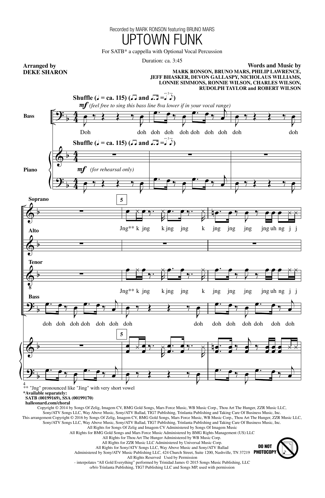 Mark Ronson Uptown Funk (feat. Bruno Mars) (arr. Deke Sharon) Sheet Music Notes & Chords for SSA - Download or Print PDF