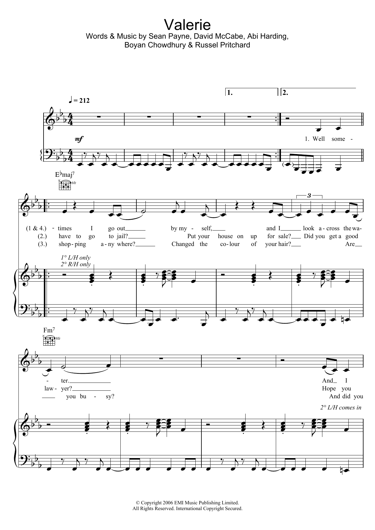Mark Ronson Valerie (featuring Amy Winehouse) Sheet Music Notes & Chords for Piano, Vocal & Guitar - Download or Print PDF