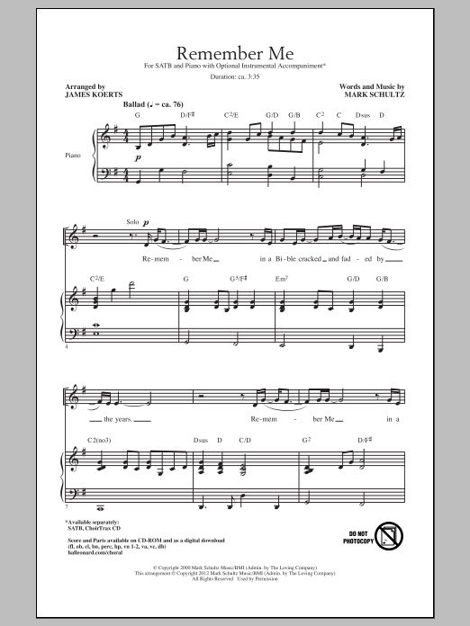 Mark Schultz Remember Me Sheet Music Notes & Chords for SATB - Download or Print PDF