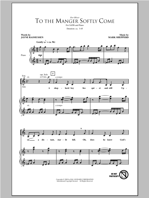 Mark Shepperd To The Manger Softly Come Sheet Music Notes & Chords for SATB - Download or Print PDF