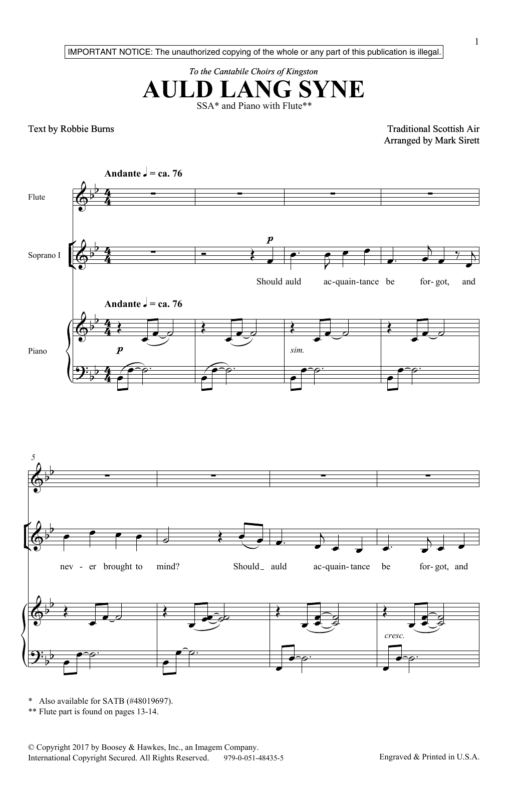 Mark Sirett Auld Lang Syne Sheet Music Notes & Chords for SSA - Download or Print PDF Mark Sirett Auld Lang Syne Sheet Music Notes & Chords for SSA - Download or Print PDF