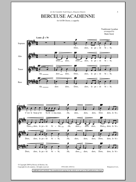 Mark Sirett Berceuse Acadienne Sheet Music Notes & Chords for SATB - Download or Print PDF