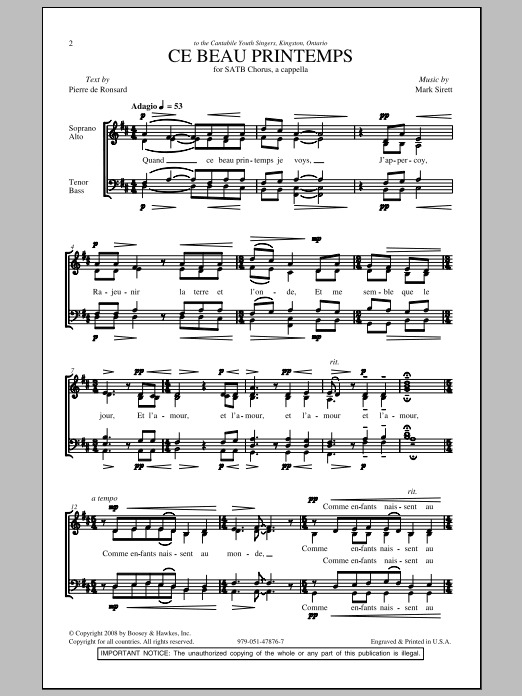 Mark Sirett Ce Beau Printemps Sheet Music Notes & Chords for SATB - Download or Print PDF