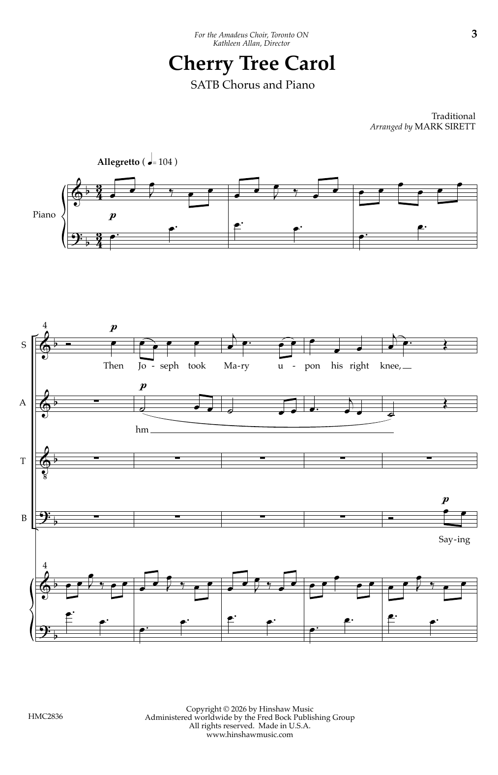 Mark Sirett Cherry Tree Carol Sheet Music Notes & Chords for SATB Choir - Download or Print PDF