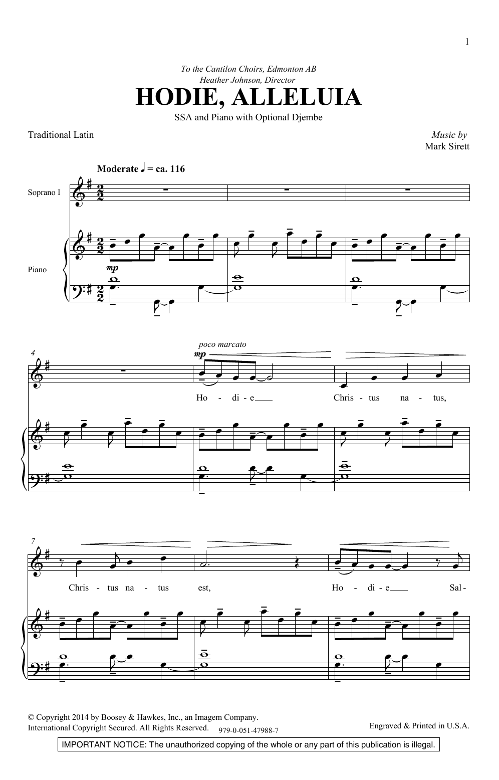 Mark Sirett Hodie Alleluia Sheet Music Notes & Chords for SSA Choir - Download or Print PDF