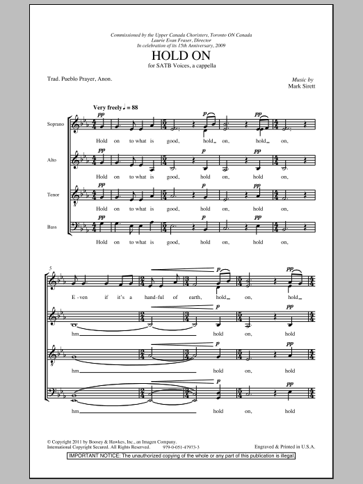 Mark Sirett Hold On Sheet Music Notes & Chords for SATB - Download or Print PDF