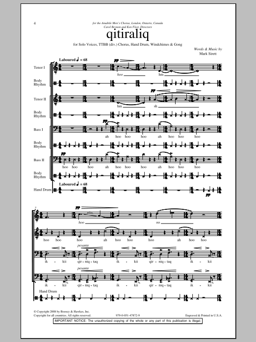 Mark Sirett Qitiraliq (Midnight) Sheet Music Notes & Chords for TTBB - Download or Print PDF