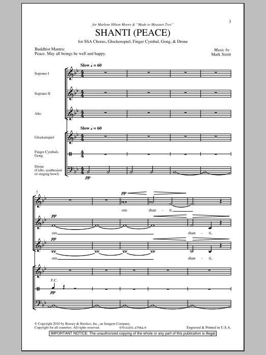 Mark Sirett Shanti (Peace) Sheet Music Notes & Chords for SSA - Download or Print PDF