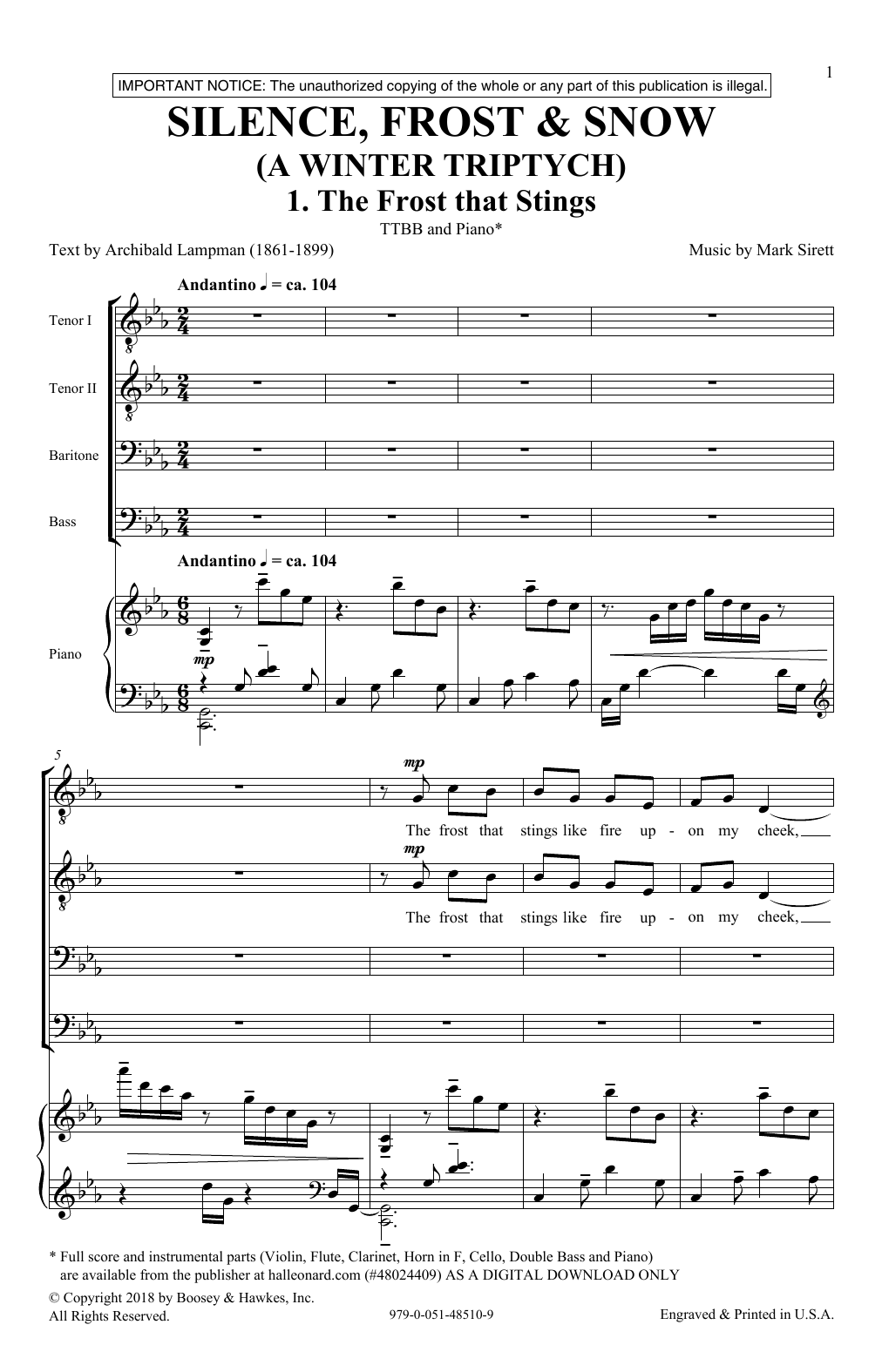 Mark Sirett Silence, Frost & Beauty (A Winter Triptych) Sheet Music Notes & Chords for TTBB Choir - Download or Print PDF