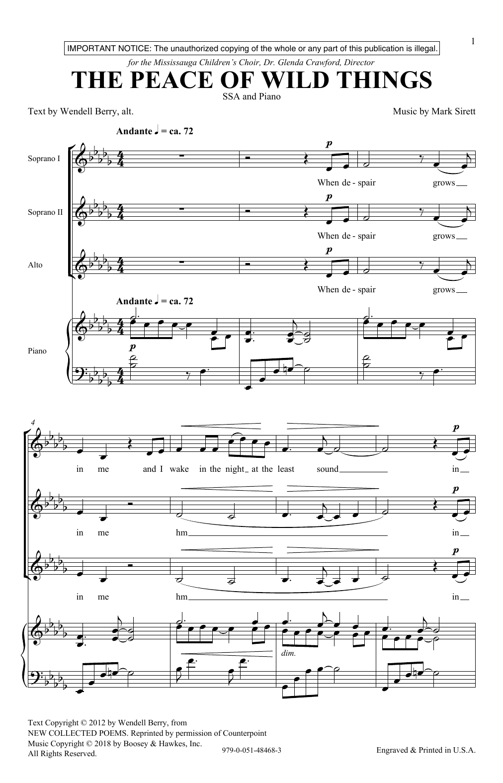 Mark Sirett The Peace Of Wild Things Sheet Music Notes & Chords for SSA - Download or Print PDF