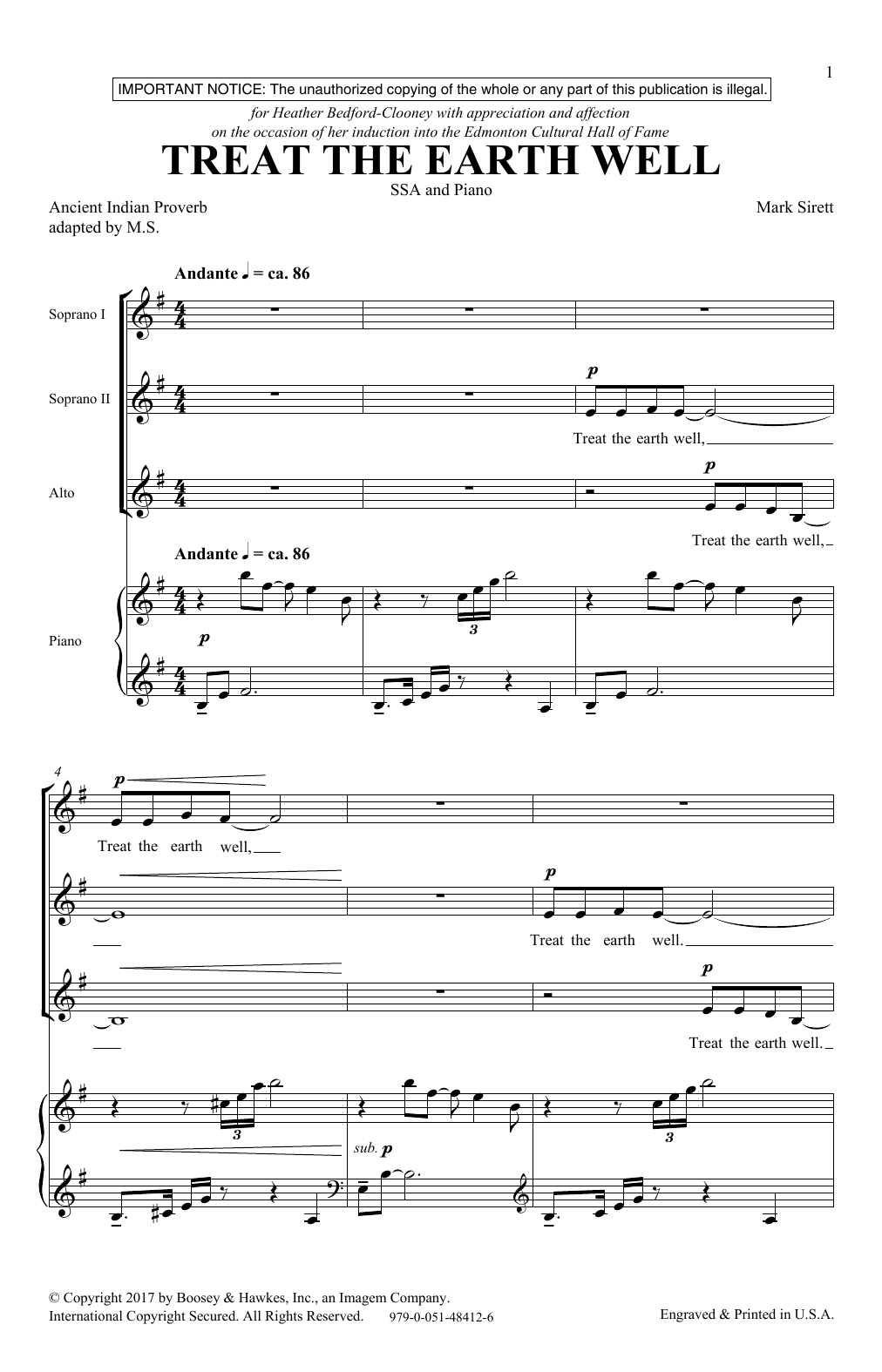 Mark Sirett Treat The Earth Well Sheet Music Notes & Chords for SSA - Download or Print PDF