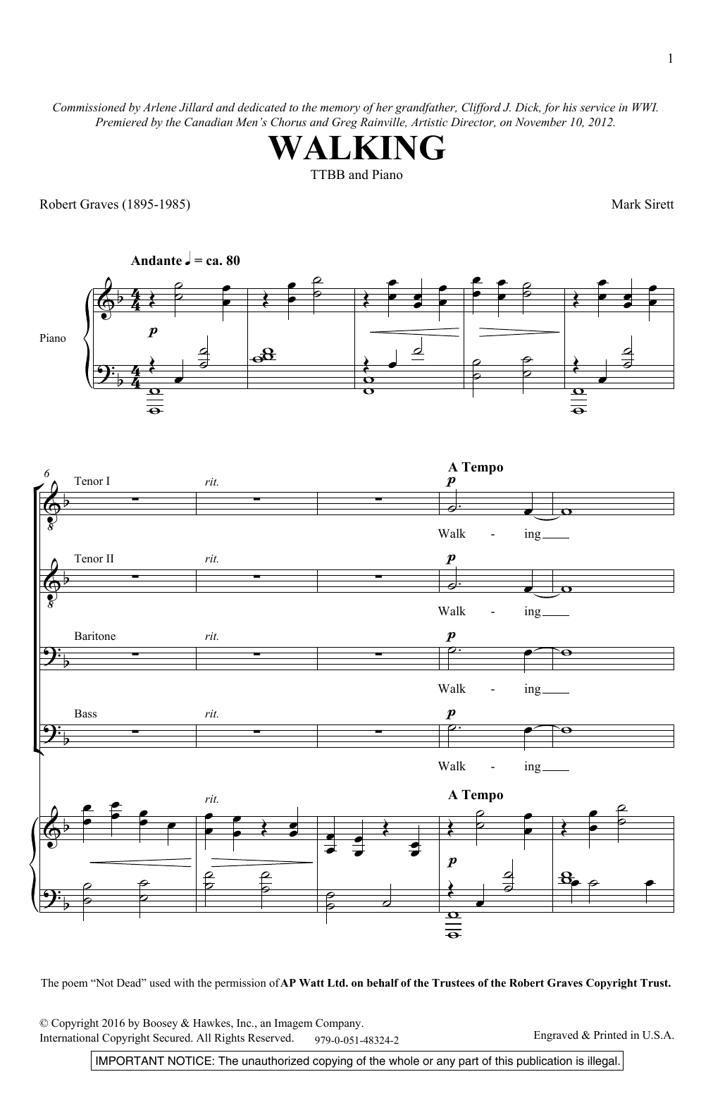 Mark Sirett Walking Sheet Music Notes & Chords for TTBB - Download or Print PDF