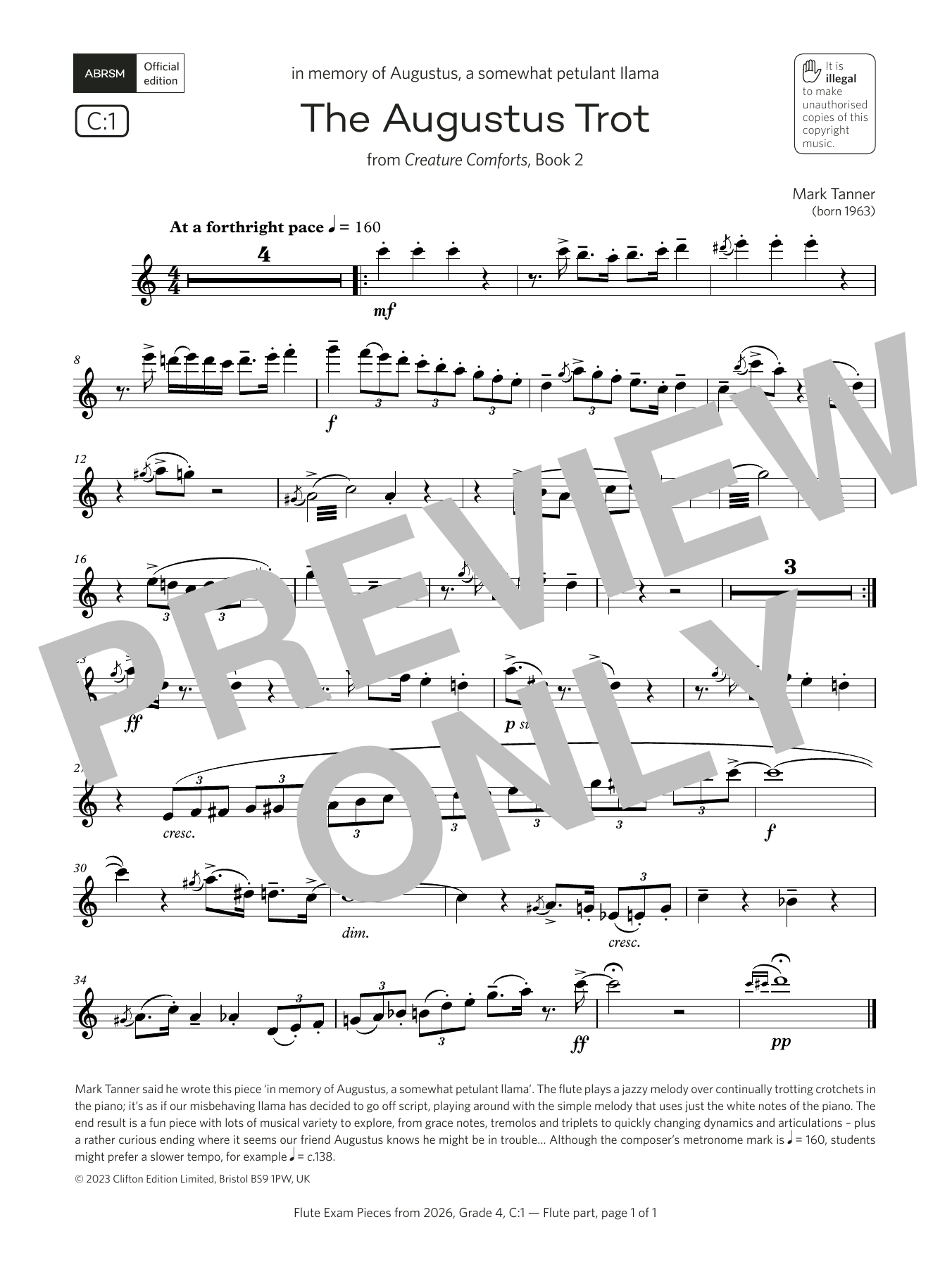Mark Tanner The Augustus Trot (Grade 4, list C1, from the ABRSM Flute Syllabus from 2026) Sheet Music Notes & Chords for Flute Solo - Download or Print PDF Mark Tanner The Augustus Trot (Grade 4, list C1, from the ABRSM Flute Syllabus from 2026) Sheet Music Notes & Chords for Flute Solo - Download or Print PDF