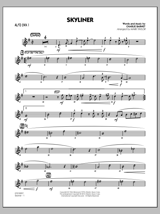 Mark Taylor Skyliner - Alto Sax 1 Sheet Music Notes & Chords for Jazz Ensemble - Download or Print PDF