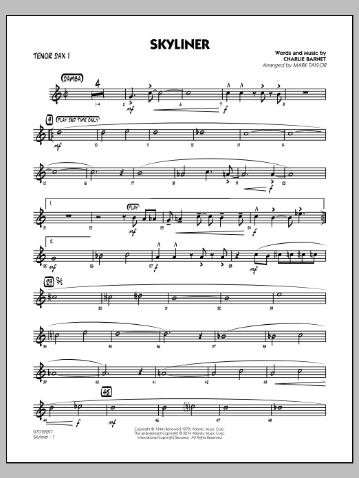 Mark Taylor Skyliner - Tenor Sax 1 Sheet Music Notes & Chords for Jazz Ensemble - Download or Print PDF