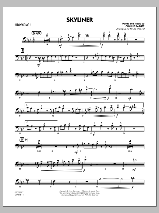Mark Taylor Skyliner - Trombone 1 Sheet Music Notes & Chords for Jazz Ensemble - Download or Print PDF