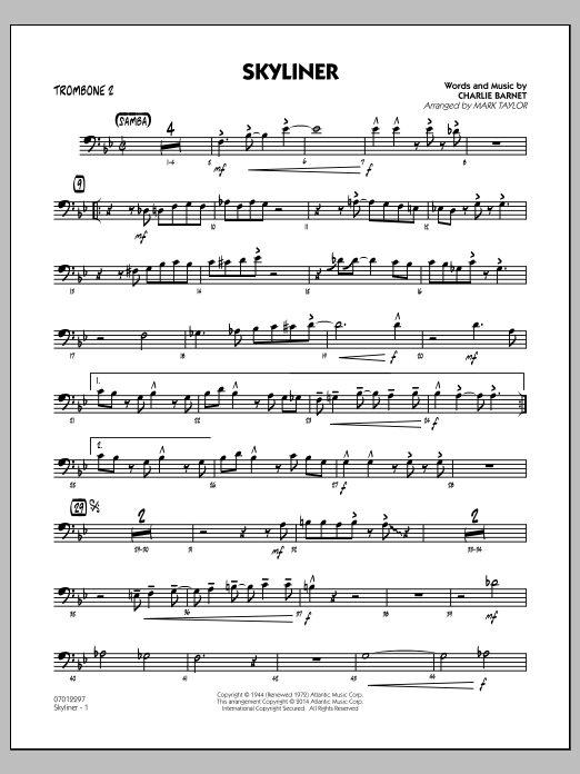 Mark Taylor Skyliner - Trombone 2 Sheet Music Notes & Chords for Jazz Ensemble - Download or Print PDF