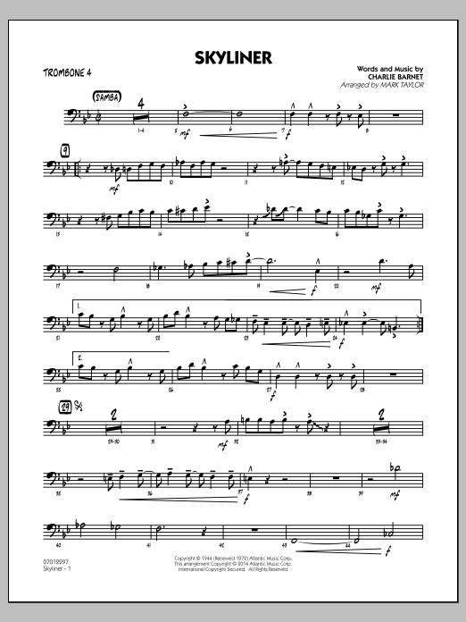 Mark Taylor Skyliner - Trombone 4 Sheet Music Notes & Chords for Jazz Ensemble - Download or Print PDF