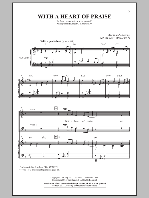Mark Weston With A Heart Of Praise Sheet Music Notes & Chords for 2-Part Choir - Download or Print PDF