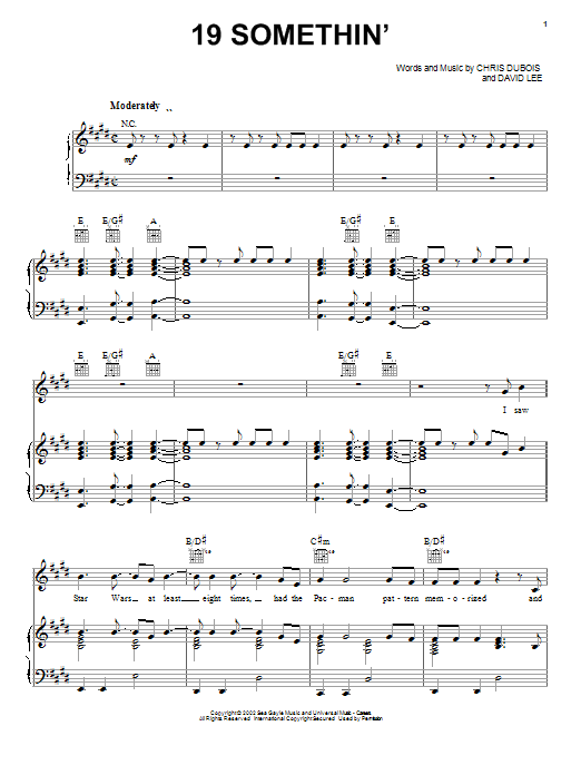 Mark Wills 19 Somethin' Sheet Music Notes & Chords for Piano, Vocal & Guitar (Right-Hand Melody) - Download or Print PDF