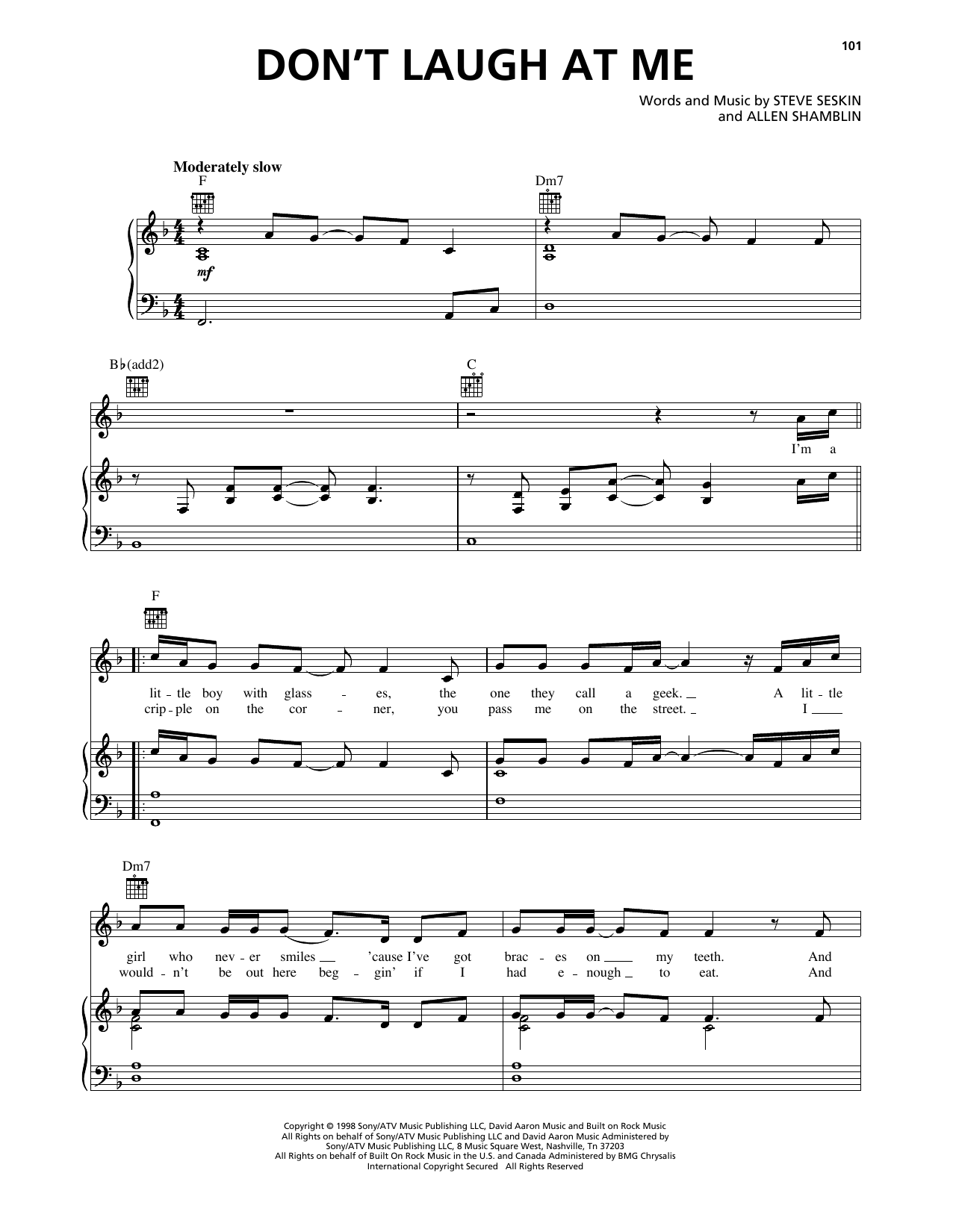 Mark Wills Don't Laugh At Me Sheet Music Notes & Chords for Piano, Vocal & Guitar Chords (Right-Hand Melody) - Download or Print PDF