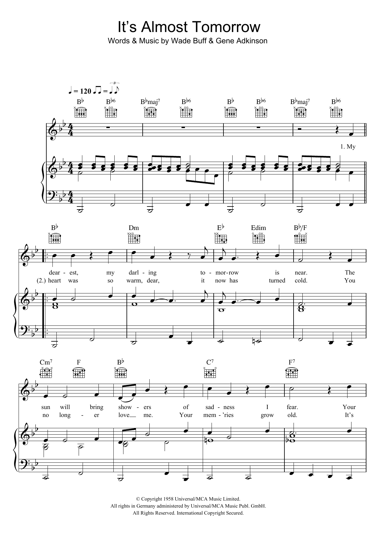 Mark Wynter It's Almost Tomorrow Sheet Music Notes & Chords for Piano, Vocal & Guitar (Right-Hand Melody) - Download or Print PDF