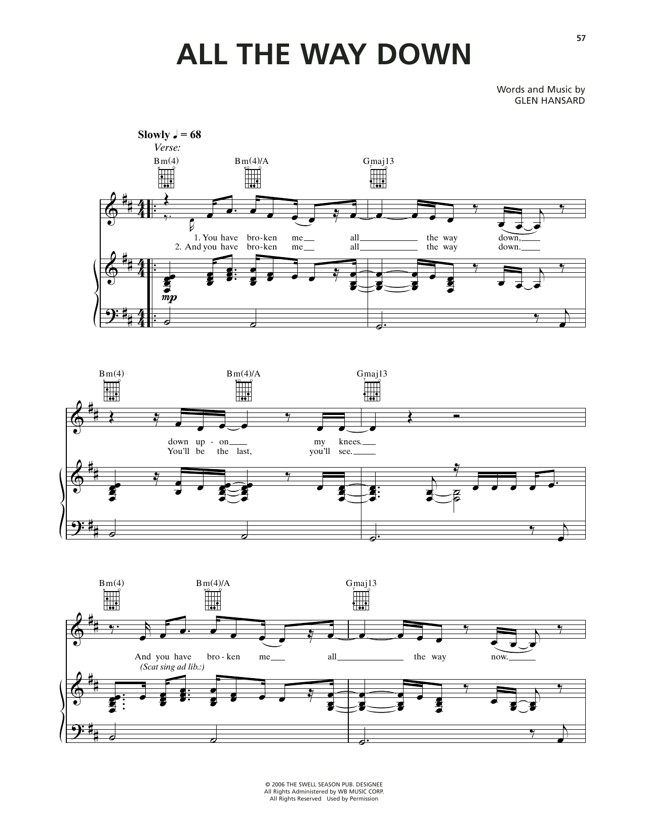 Markéta Irglová All The Way Down (from Once) Sheet Music Notes & Chords for Piano, Vocal & Guitar Chords (Right-Hand Melody) - Download or Print PDF