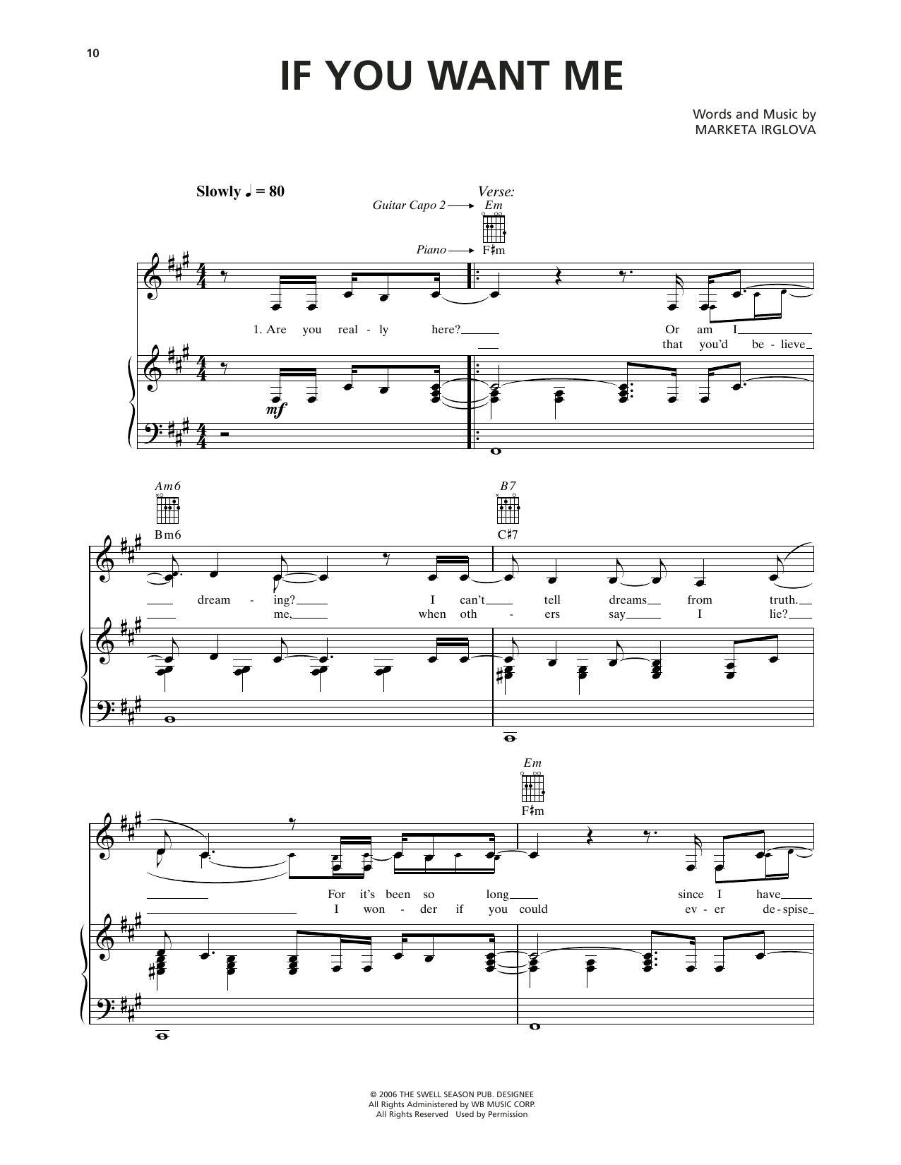 Markéta Irglová If You Want Me (from Once) Sheet Music Notes & Chords for Piano, Vocal & Guitar Chords (Right-Hand Melody) - Download or Print PDF