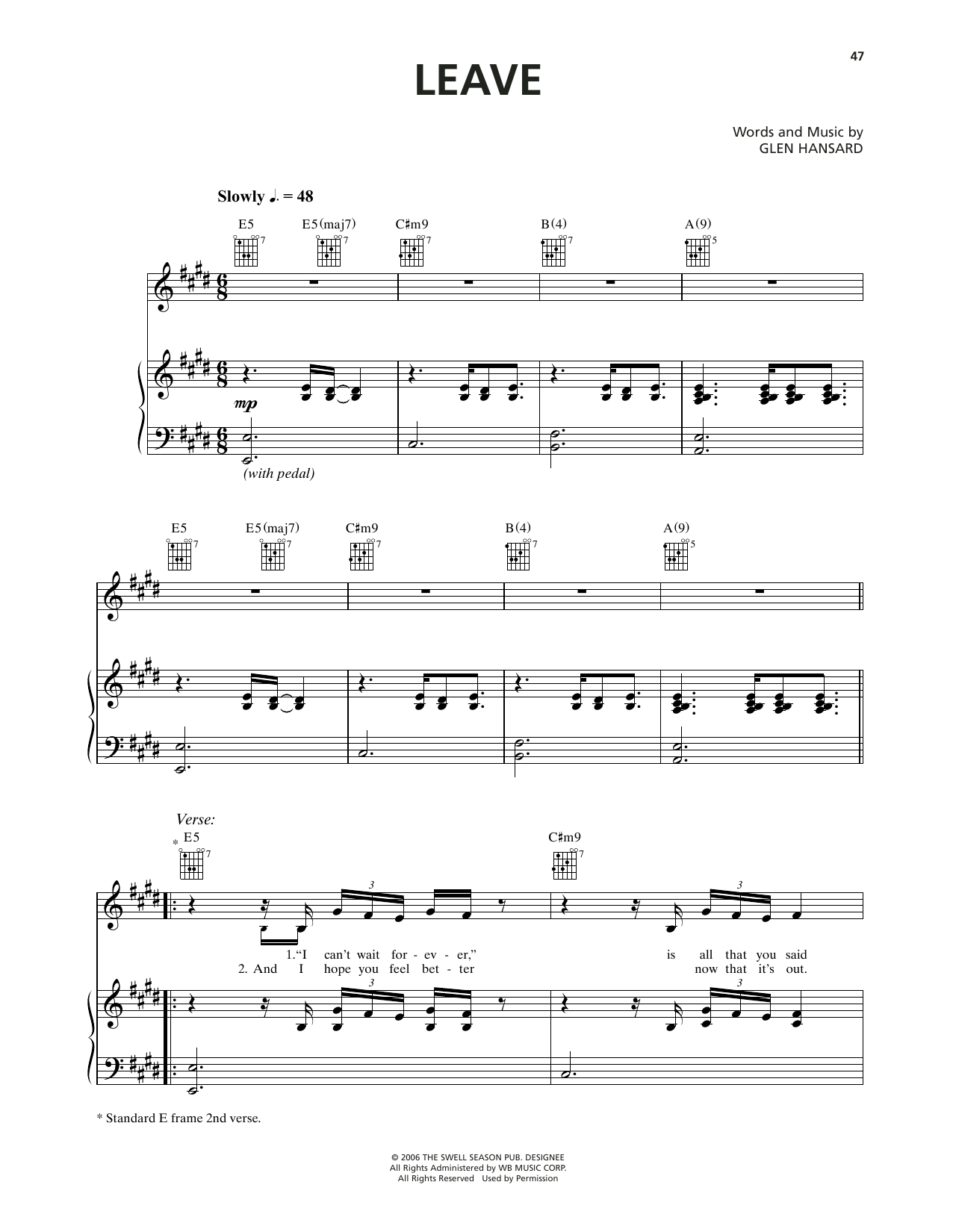 Markéta Irglová Leave (from Once) Sheet Music Notes & Chords for Piano, Vocal & Guitar Chords (Right-Hand Melody) - Download or Print PDF