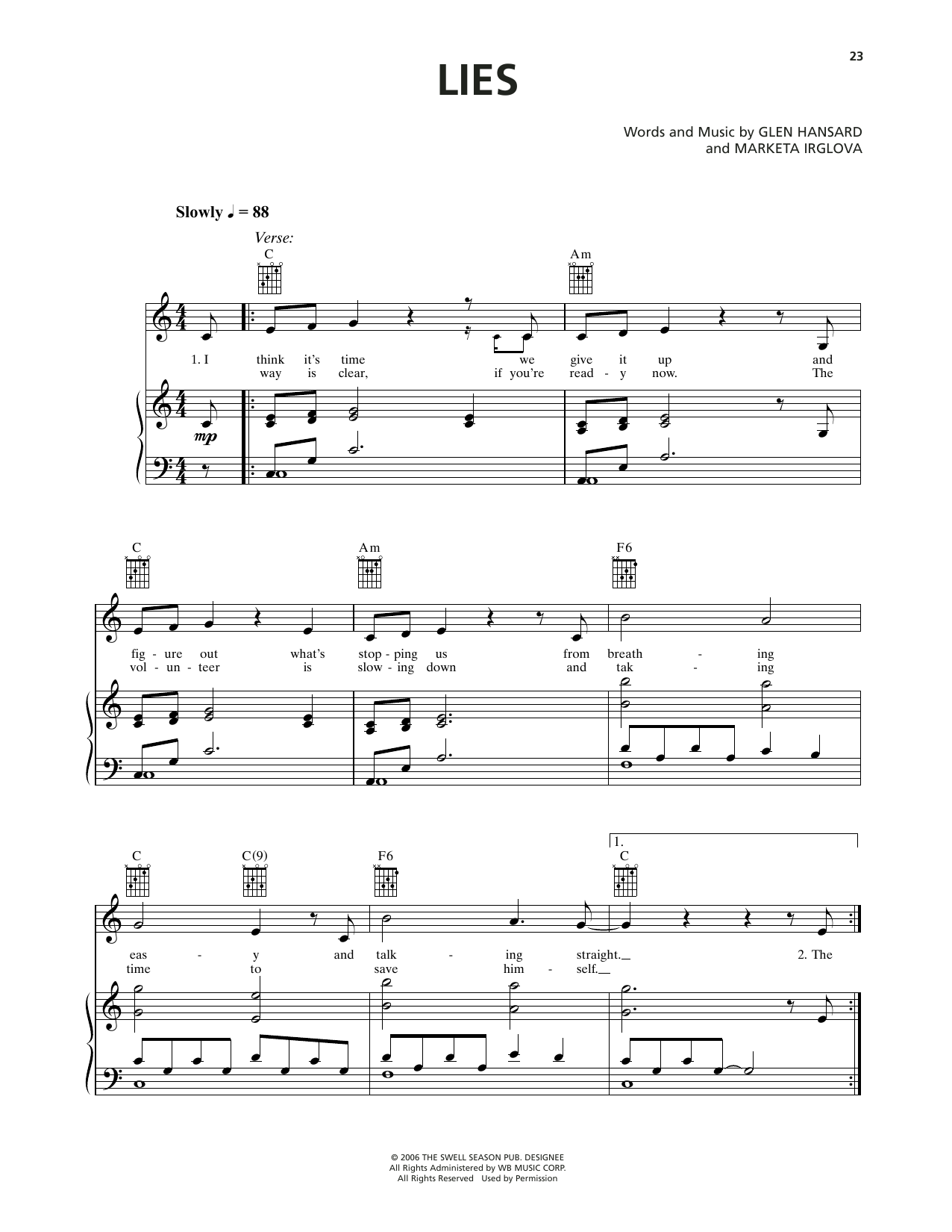Markéta Irglová Lies (from Once) Sheet Music Notes & Chords for Piano, Vocal & Guitar Chords (Right-Hand Melody) - Download or Print PDF
