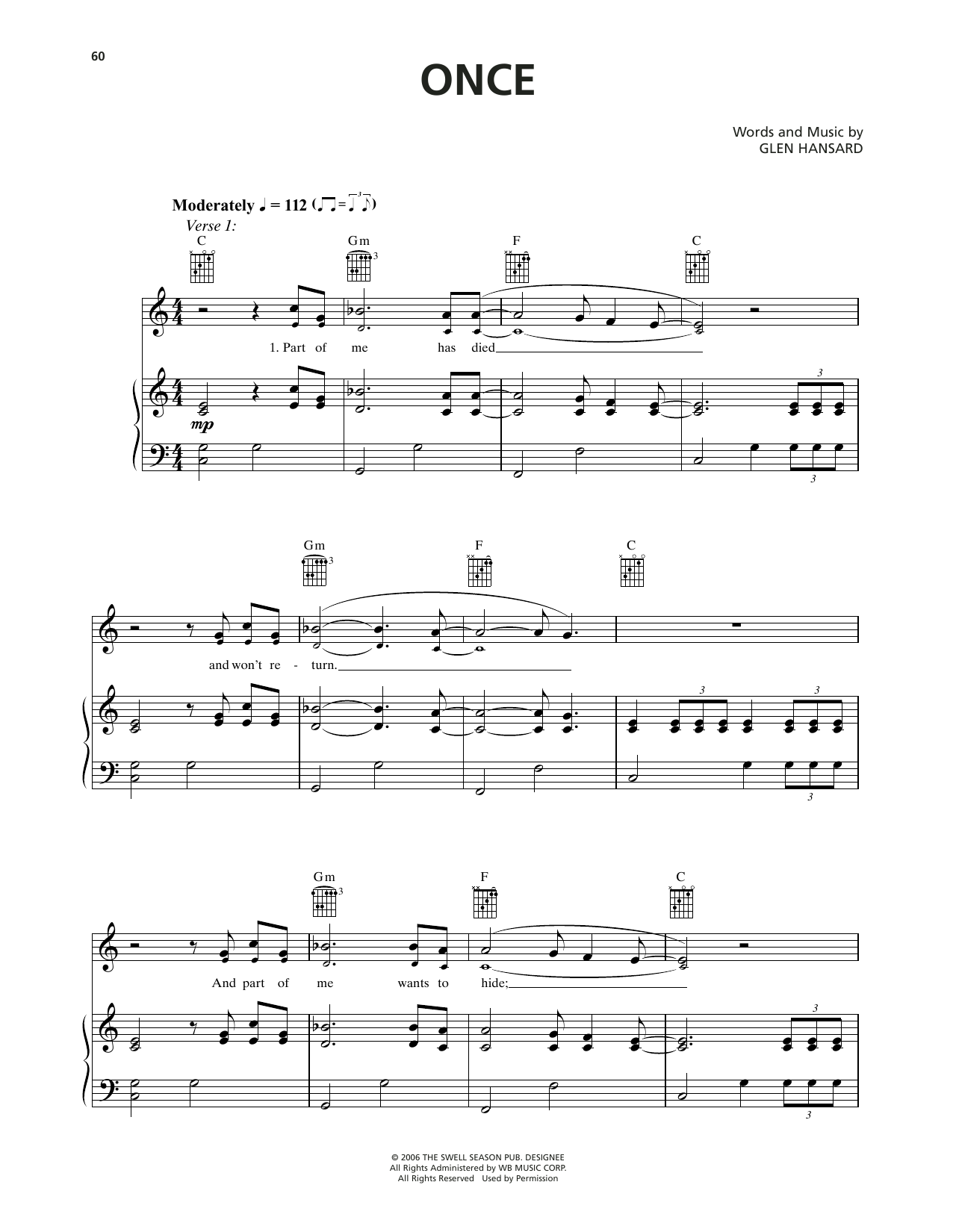 Markéta Irglová Once Sheet Music Notes & Chords for Piano, Vocal & Guitar Chords (Right-Hand Melody) - Download or Print PDF