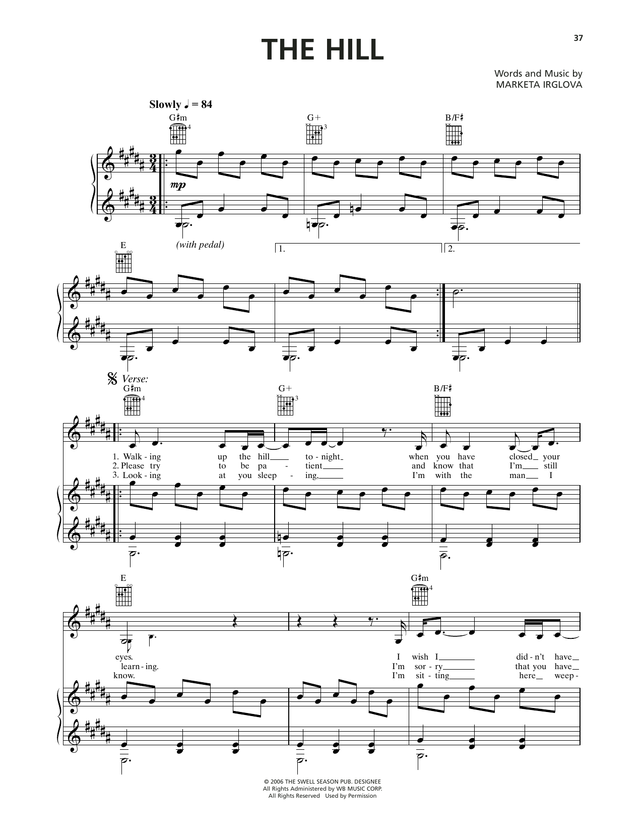 Markéta Irglová The Hill (from Once) Sheet Music Notes & Chords for Piano, Vocal & Guitar Chords (Right-Hand Melody) - Download or Print PDF