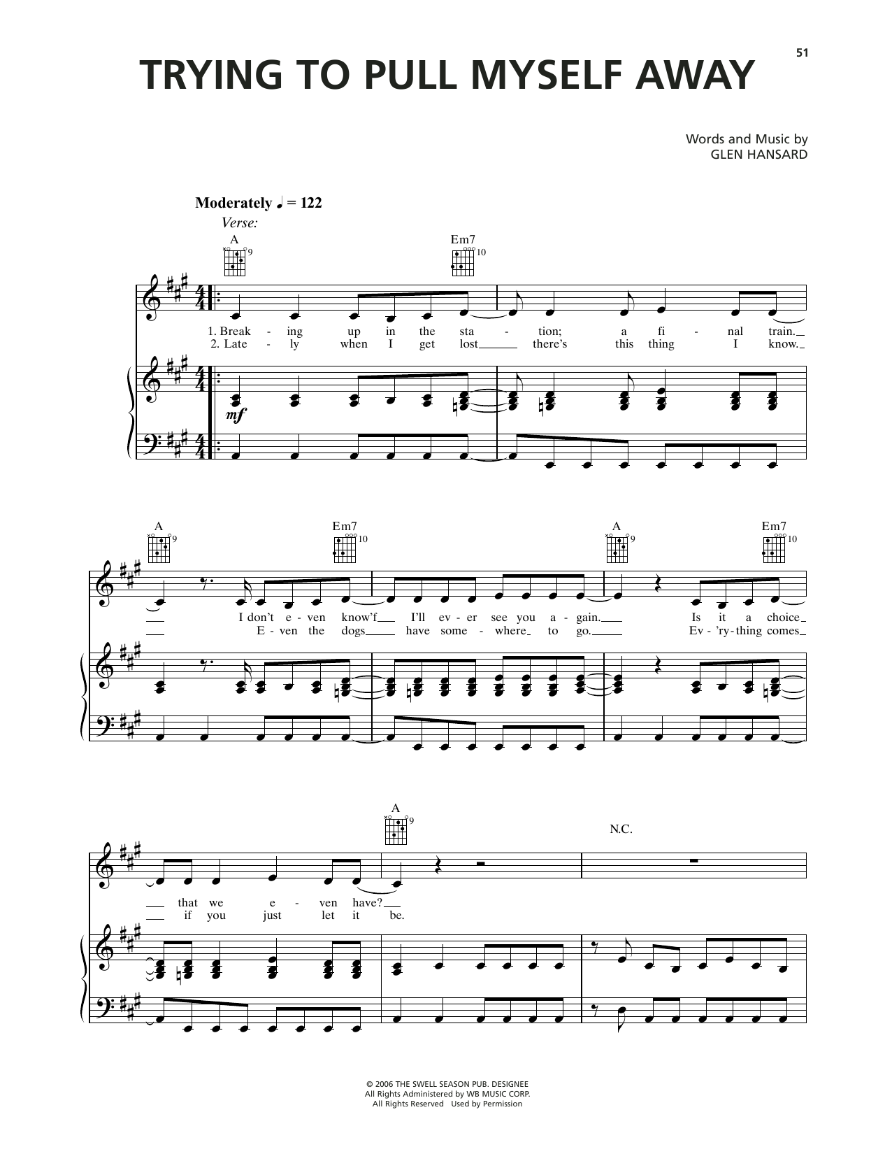 Markéta Irglová Trying To Pull Myself Away (from Once) Sheet Music Notes & Chords for Piano, Vocal & Guitar Chords (Right-Hand Melody) - Download or Print PDF