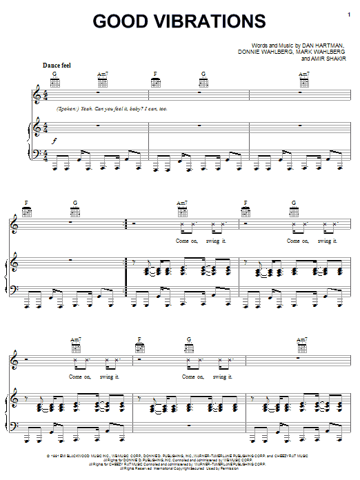 Marky Mark And The Funky Bunch Good Vibrations Sheet Music Notes & Chords for Piano, Vocal & Guitar (Right-Hand Melody) - Download or Print PDF