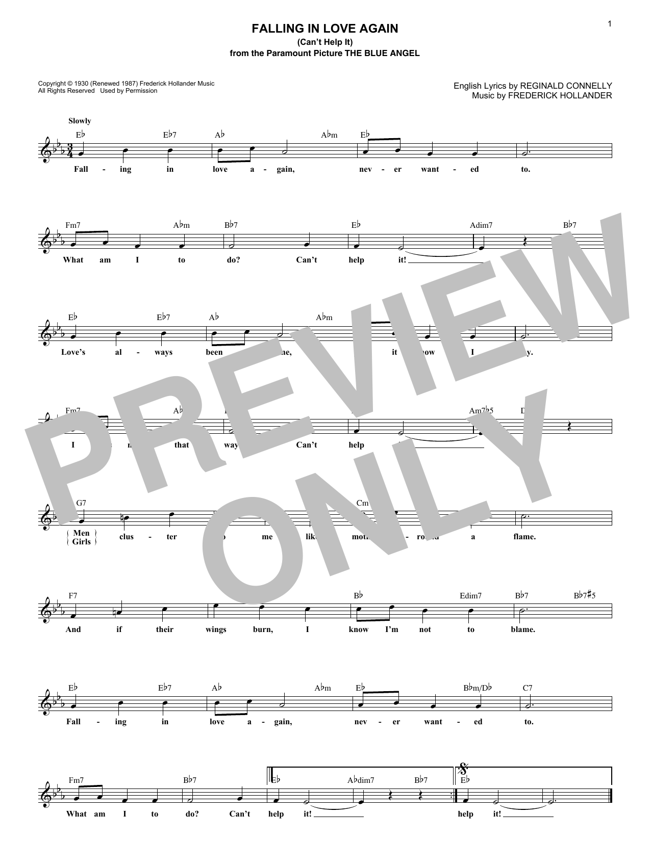 Marlene Dietrich Falling In Love Again (Can't Help It) (from The Blue Angel) Sheet Music Notes & Chords for Lead Sheet / Fake Book - Download or Print PDF