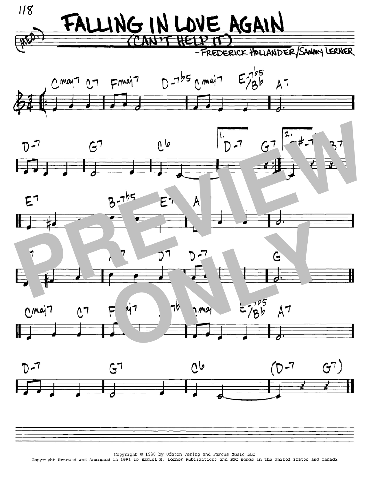 Marlene Dietrich Falling In Love Again (Can't Help It) Sheet Music Notes & Chords for Lead Sheet / Fake Book - Download or Print PDF