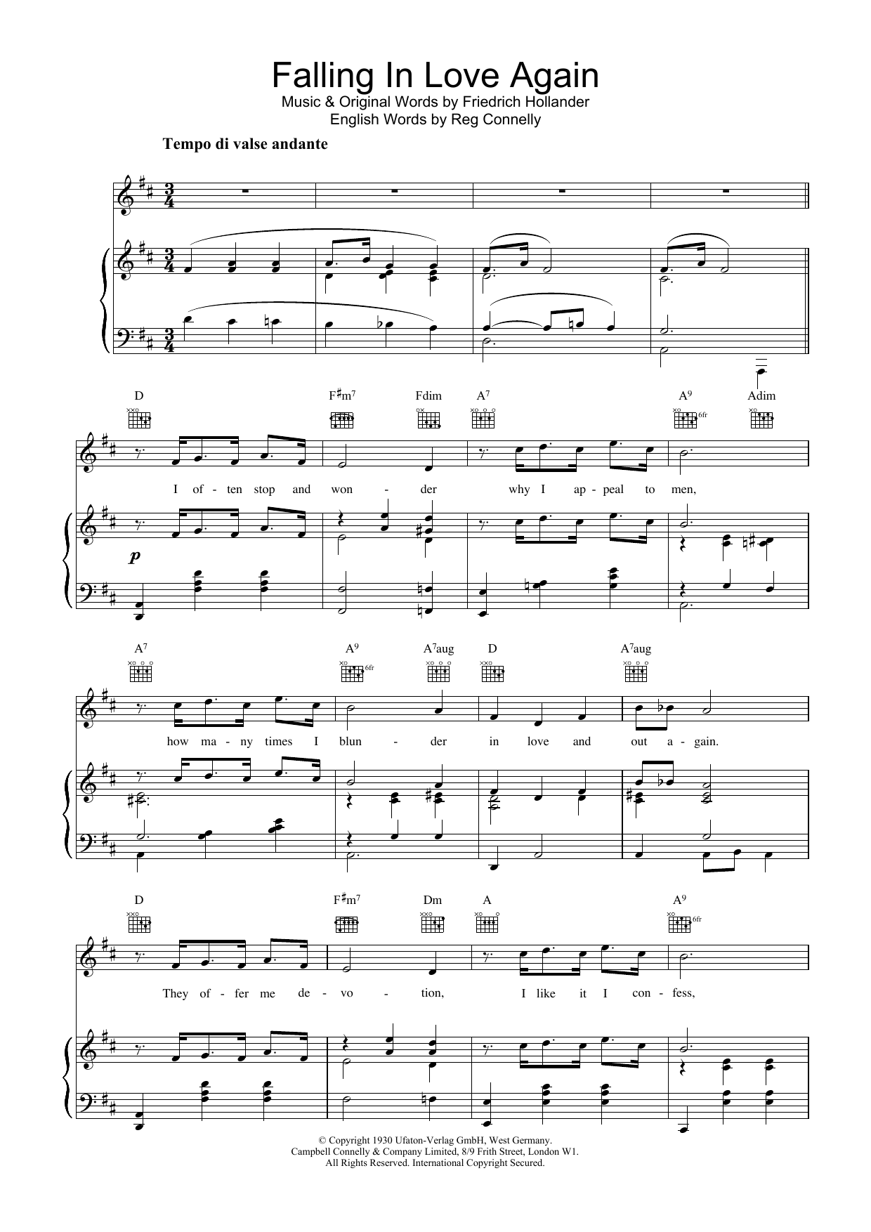 Marlene Dietrich Falling In Love Again Sheet Music Notes & Chords for Piano, Vocal & Guitar (Right-Hand Melody) - Download or Print PDF