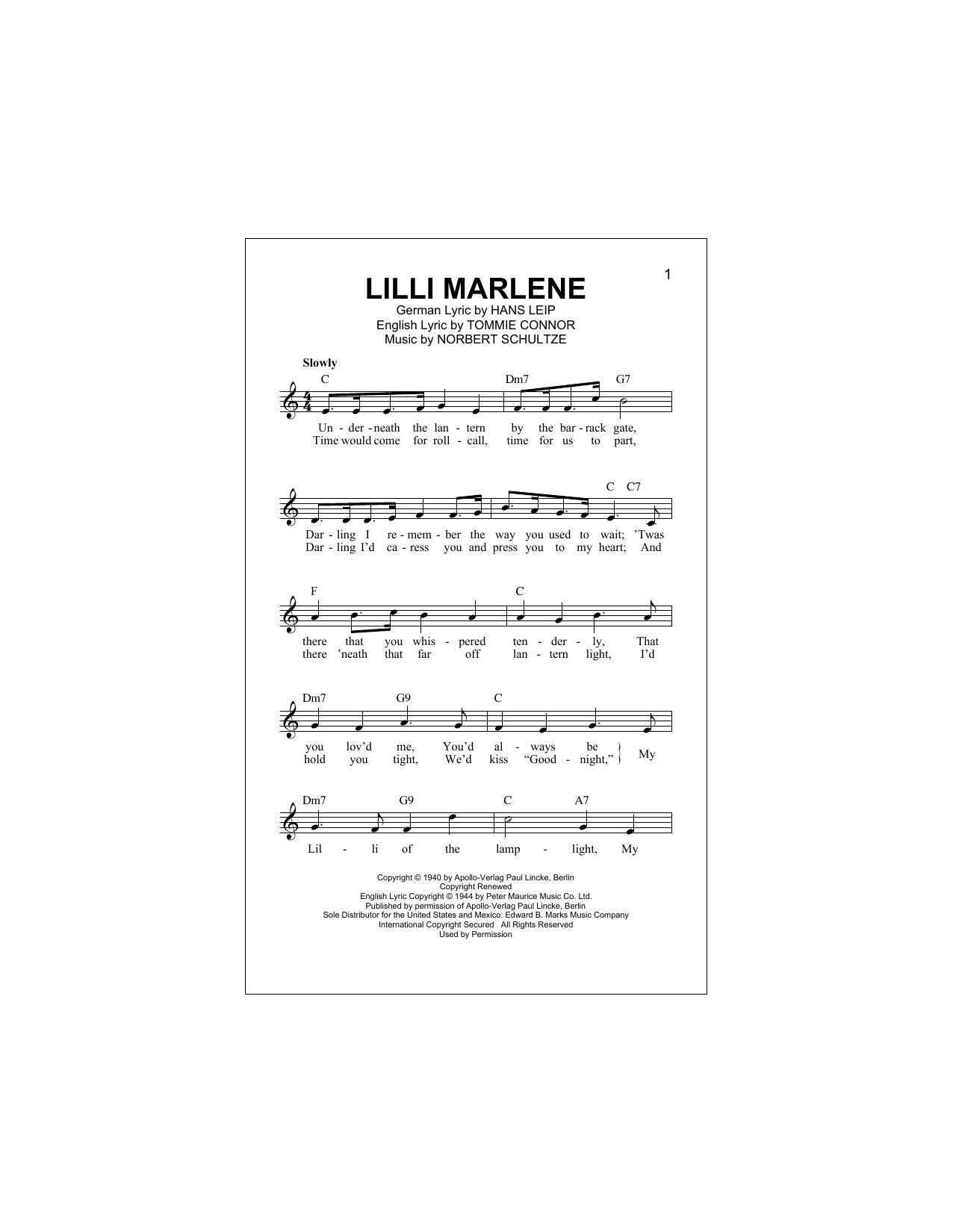 Marlene Dietrich Lilli Marlene (Lili Marleen) Sheet Music Notes & Chords for Melody Line, Lyrics & Chords - Download or Print PDF